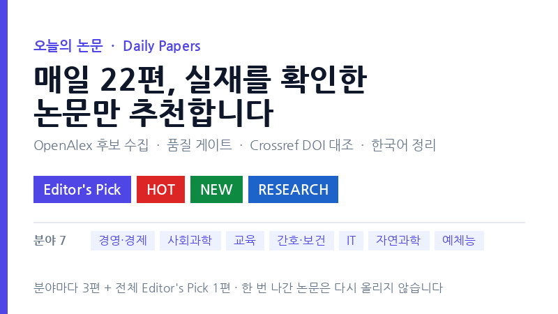 오늘의 논문 매일 22편, 실재를 확인한 논문만 추천합니다